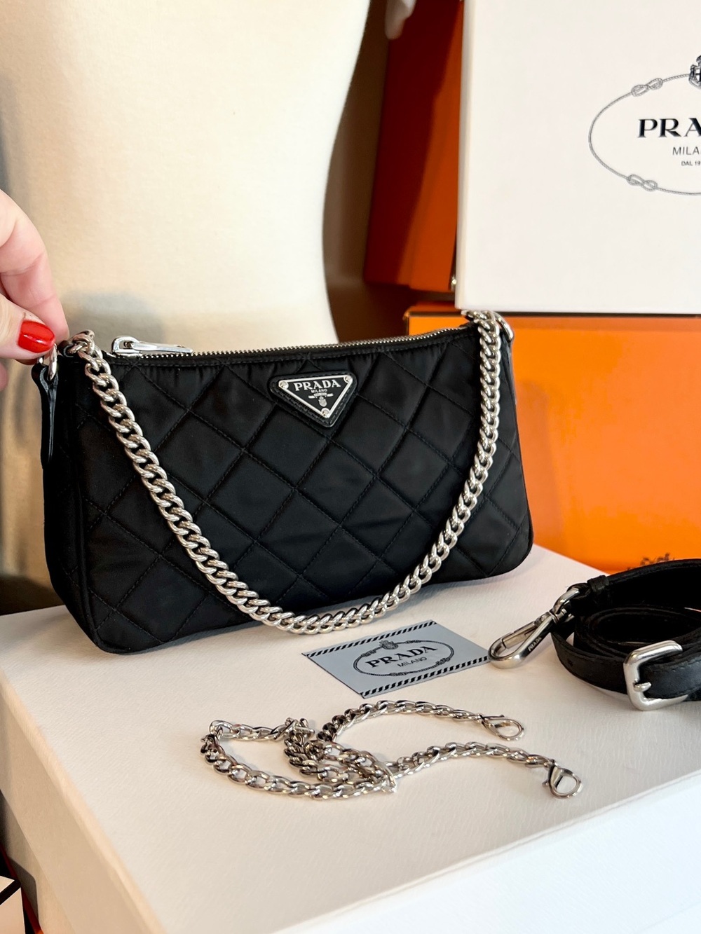 PRADA!! Authentic Prada bag! Black Quilted Nylon Bag with Silver Chain! Offers! - Picture 2 of 16